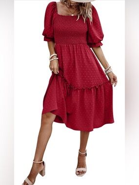 Smocked Square-Neck Midi Dress with Puff Sleeves - Red Size xs
